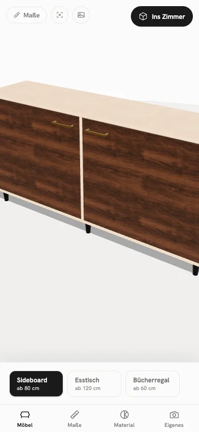 Maßwerk, Startbildschirm mit einem Sideboard in Nussbaum
